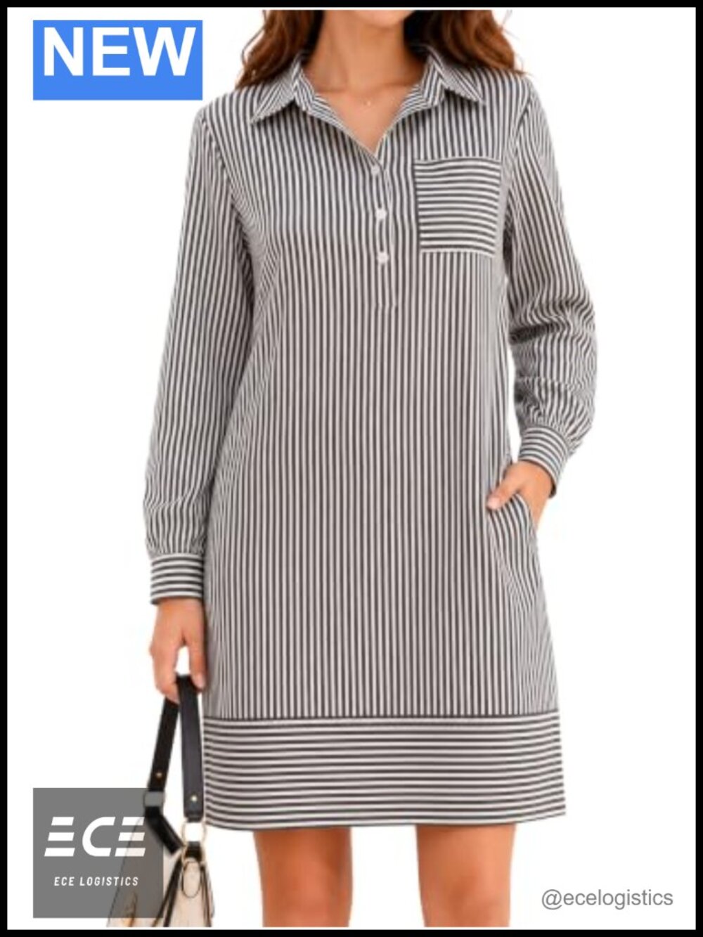 Women's Long Sleeve Striped Shirt Dress Casual V Neck Tunic Mini Dress